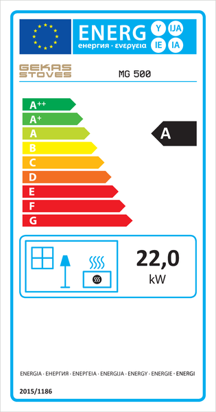 EU-Energieetikett für GEKAS STOVES MG 500. Energieeffizienzklasse A. Skala A plus plus bis G. Wärmeleistung 22,0 Kilowatt. GEKAS STOVES Logo.