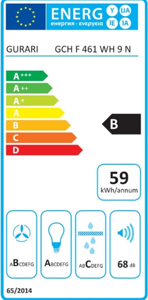 Energieeffizienzlabel fuer Gurari GCH F 461 WH 9 N Dunstabzugshaube mit Energieeffizienzklasse B und einem Verbrauch von 59 Kilowattstunden pro Jahr.
