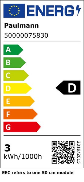 Energielabel der Europäischen Union für Paulmann 50000075830 mit Effizienzklasse D und einem Verbrauch von 3 Kilowattstunden pro 1000 Stunden.
