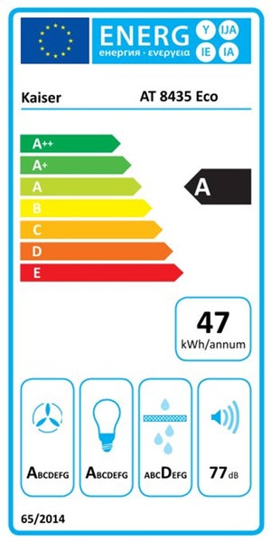 EU Energieeffizienzlabel für Kaiser Dunstabzugshaube AT 8435 Eco mit Energieeffizienzklasse A und 47 kWh pro Jahr
