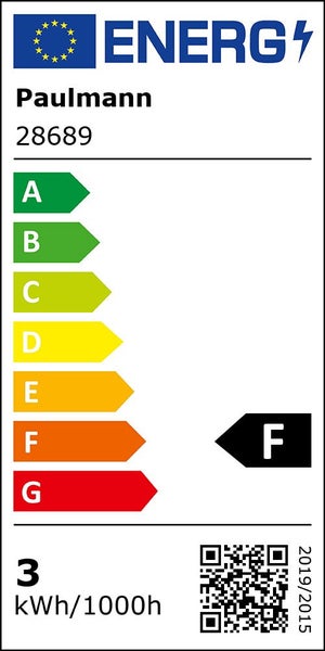 Paulmann Energielabel mit der Effizienzklasse F und einem Verbrauch von 3 kWh pro 1000 Stunden