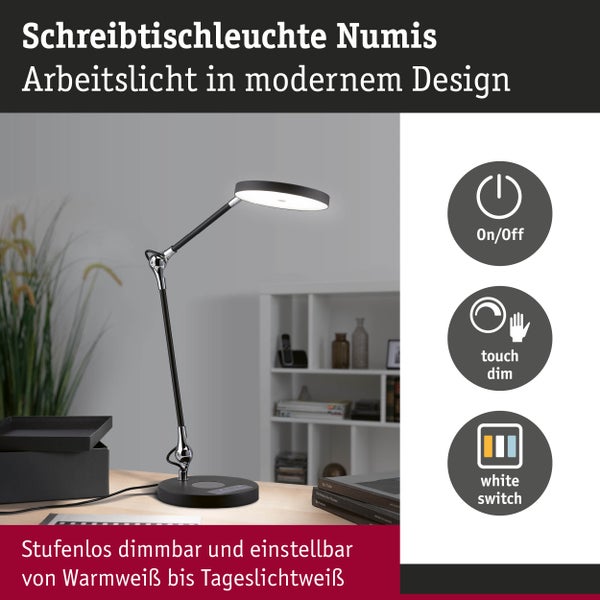 Schwarze Schreibtischleuchte Numis, stufenlos dimmbar per Touch-Funktion, einstellbare Farbtemperatur von Warmweiß bis Tageslichtweiß.