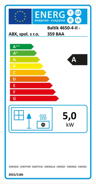 EU Energieeffizienzlabel für ABX Baltik 4650-4-II 359 BAA Kaminofen mit Energieeffizienzklasse A und 5,0 Kilowatt Heizleistung.
