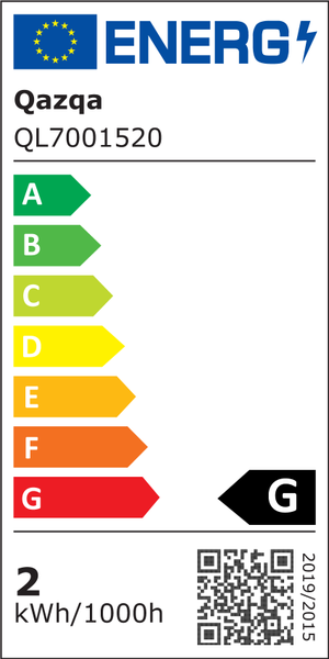 EU-Energielabel für Qazqa QL7001520 mit Energieeffizienzklasse G und einem Verbrauch von 2 Kilowattstunden pro 1000 Stunden.