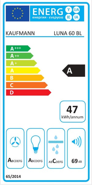 EU Energieeffizienzlabel für Kaufmann Luna 60 BL Dunstabzugshaube mit Energieeffizienzklasse A und 47 Kilowattstunden pro Jahr
