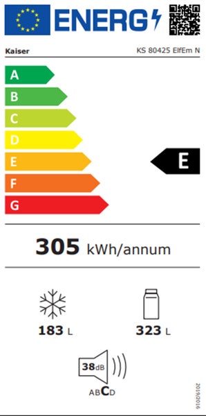Energieeffizienzlabel fuer Kaiser Kuehl-Gefrierkombination KS 80425 ElfEm N mit Energieeffizienzklasse E und 305 Kilowattstunden pro Jahr