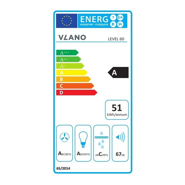 VLANO Level 60 Energielabel A mit einem jährlichen Energieverbrauch von 51 Kilowattstunden und einem Geräuschpegel von 67 Dezibel