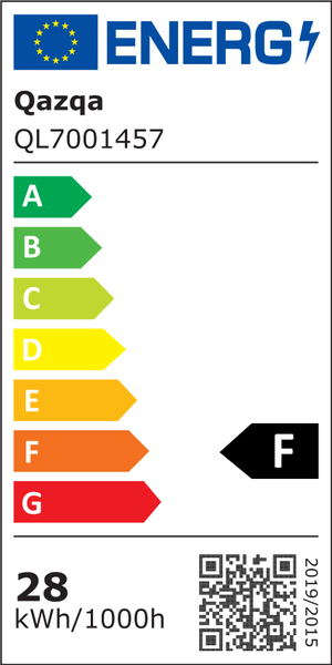 EU-Energielabel für Qazqa QL7001457 mit Energieeffizienzklasse F und einem Verbrauch von 28 Kilowattstunden pro 1000 Stunden.