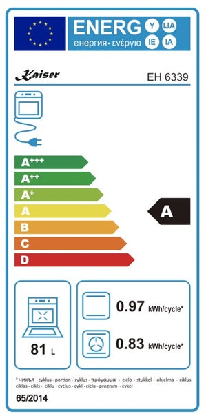 EU Energieeffizienzlabel für Kaiser Backofen EH 6339 mit Energieeffizienzklasse A und 81 Liter Volumen.