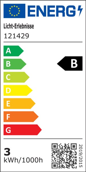 Energielabel Licht-Erlebnisse, Energieeffizienzklasse B, 3 kWh pro 1000 Stunden