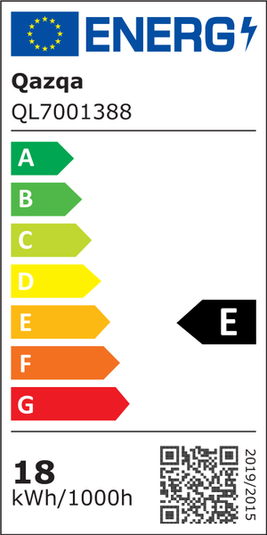 EU Energieeffizienzlabel der Klasse E für Qazqa Modell QL7001388 mit einem Verbrauch von 18 Kilowattstunden pro 1000 Stunden