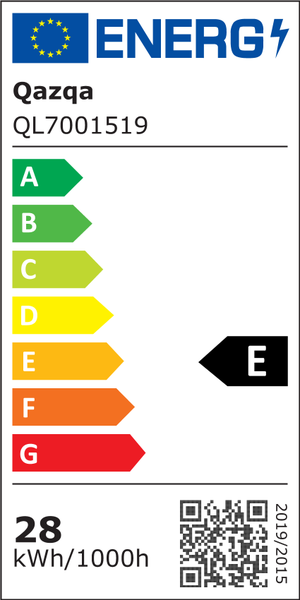 EU Energieeffizienzlabel der Klasse E für Qazqa Leuchte Modell QL7001519 mit einem Verbrauch von 28 Kilowattstunden pro 1000 Stunden.