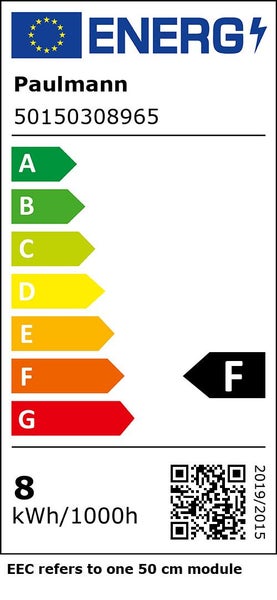 Europäische Union Energielabel Paulmann 50150308965, Energieeffizienzklasse F, 8 Kilowattstunden pro 1000 Stunden. Modul 50 Zentimeter.