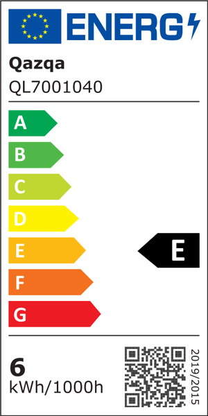 Europäisches Energielabel der Klasse E für Qazqa QL7001040, Energieverbrauch 6 Kilowattstunden pro 1000 Stunden.