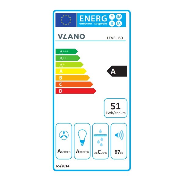 Europäisches Energielabel für Viano Dunstabzugshaube Level 60, Energieeffizienzklasse A, 51 Kilowattstunden pro Jahr, 67 Dezibel.