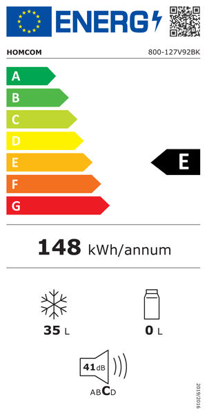 EU Energielabel HOMCOM 800-127V92BK. Energieeffizienzklasse E, 148 Kilowattstunden pro Jahr, 35 Liter Gefrierfach, 41 Dezibel, Geräuschklasse C.