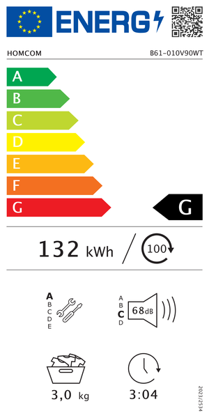 EU Energielabel für HOMCOM B61-010V90WT, Energieeffizienzklasse G, 132 Kilowattstunden pro 100 Zyklen, 3,0 Kilogramm Kapazität, 68 Dezibel.