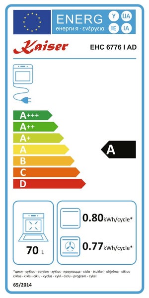 EU Energieeffizienzlabel für Kaiser EHC 6776 I AD Backofen mit Energieeffizienzklasse A und 70 Liter Volumen.