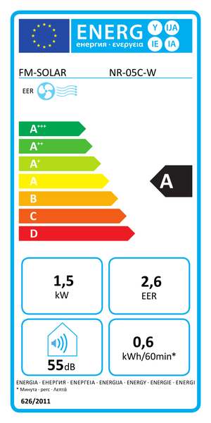Europäisches Energielabel FM-SOLAR NR-05C-W: Klasse A, 1,5 Kilowatt, Effizienzwert 2,6, 55 Dezibel, 0,6 Kilowattstunden pro 60 Minuten.