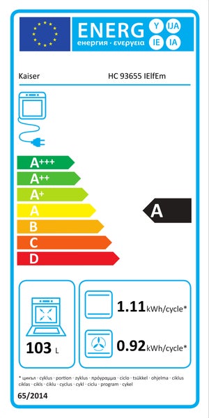Energieeffizienzlabel für Kaiser Backofen HC 93655 IElfEm mit Energieeffizienzklasse A und technischen Daten zum Verbrauch.