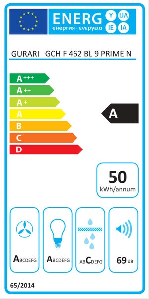 EU Energieeffizienzlabel der Dunstabzugshaube Gurari GCH F 462 BL 9 PRIME N mit Energieeffizienzklasse A und 50 Kilowattstunden pro Jahr.