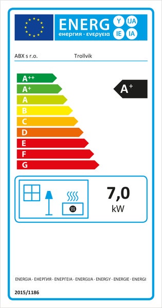 EU-Energieeffizienzlabel fuer ABX Trollvik mit Energieeffizienzklasse A plus und einer Heizleistung von 7,0 Kilowatt.
