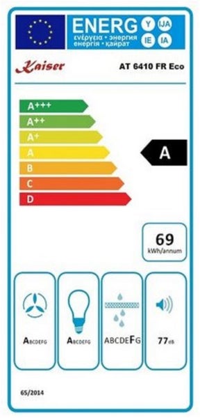 EU Energieeffizienzlabel für Kaiser Dunstabzugshaube AT 6410 FR Eco mit Energieeffizienzklasse A und 69 Kilowattstunden pro Jahr.