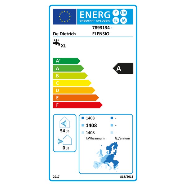 EU-Energielabel für De Dietrich ELENSIO. Klasse A auf einer Skala von A plus bis F. Lastprofil XL. 1408 Kilowattstunden pro Jahr. 54 Dezibel innen.