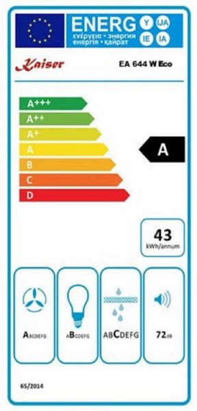 EU Energieeffizienzlabel für Kaiser Dunstabzugshaube EA 644 W Eco mit Energieeffizienzklasse A und jährlichem Energieverbrauch von 43 Kilowattstunden.