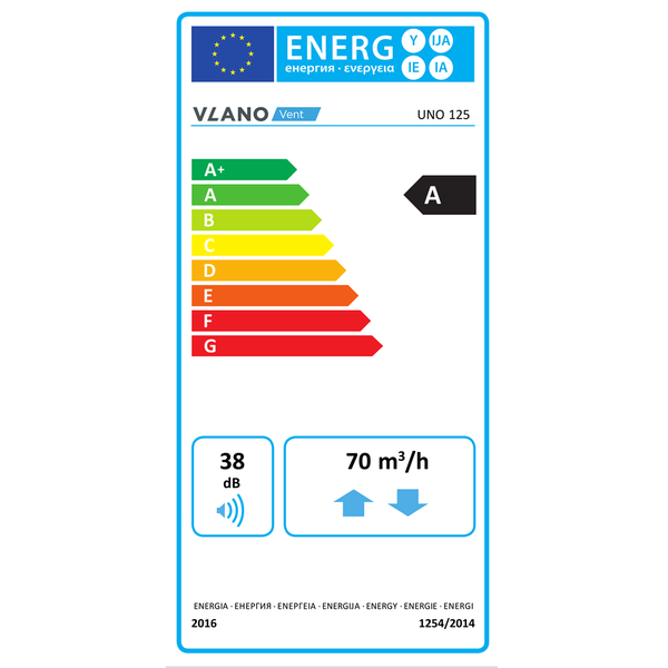 Energielabel Vlano Vent UNO 125: Energieeffizienzklasse A, 38 Dezibel, 70 Kubikmeter pro Stunde