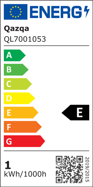 Energielabel der Europäischen Union für Qazqa QL7001053, Energieeffizienzklasse E, Energieverbrauch 1 Kilowattstunde pro 1000 Stunden.