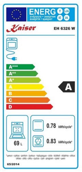EU Energieeffizienzlabel für Backofen Kaiser EH 6326 W mit Energieeffizienzklasse A und 69 Liter Garraumvolumen.