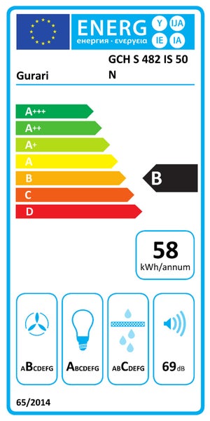 Energieeffizienzlabel der Gurari Dunstabzugshaube GCH S 482 IS 50 N mit Energieeffizienzklasse B und 58 Kilowattstunden pro Jahr.