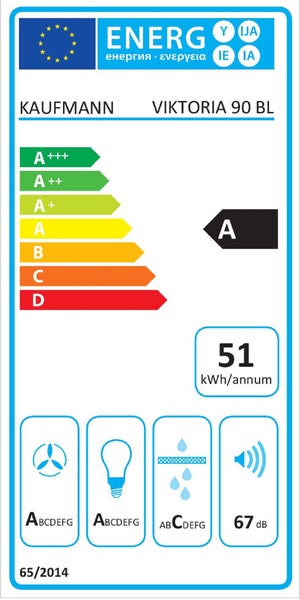 Energieeffizienzlabel der Kaufmann Viktoria 90 BL Dunstabzugshaube mit Energieeffizienzklasse A und einem Jahresverbrauch von 51 Kilowattstunden.