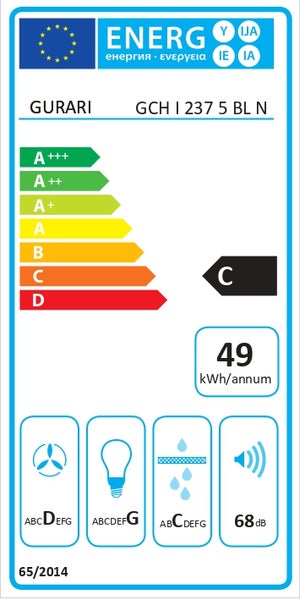 EU Energieeffizienzlabel für Gurari Dunstabzugshaube GCH I 237 5 BL N mit Energieeffizienzklasse C und 49 Kilowattstunden pro Jahr.