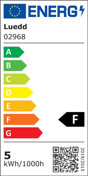 Europäisches Energielabel der Klasse F für Luedd 02968, Energieverbrauch 5 Kilowattstunden pro 1000 Stunden.