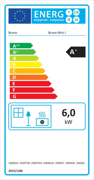 Energielabel für Bruno Mini I, Energieeffizienzklasse A plus, Wärmeleistung 6,0 Kilowatt.