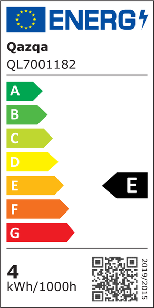 EU-Energielabel für Qazqa QL7001182 mit Energieeffizienzklasse E und einem Verbrauch von 4 Kilowattstunden pro 1000 Stunden.