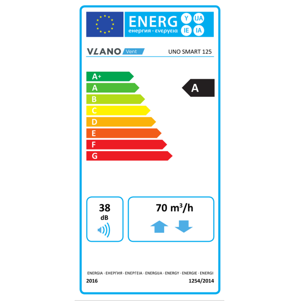 EU-Energielabel für VLANO Vent UNO SMART 125, Energieeffizienzklasse A, Geräuschwert 38 Dezibel, Luftstrom 70 Kubikmeter pro Stunde.