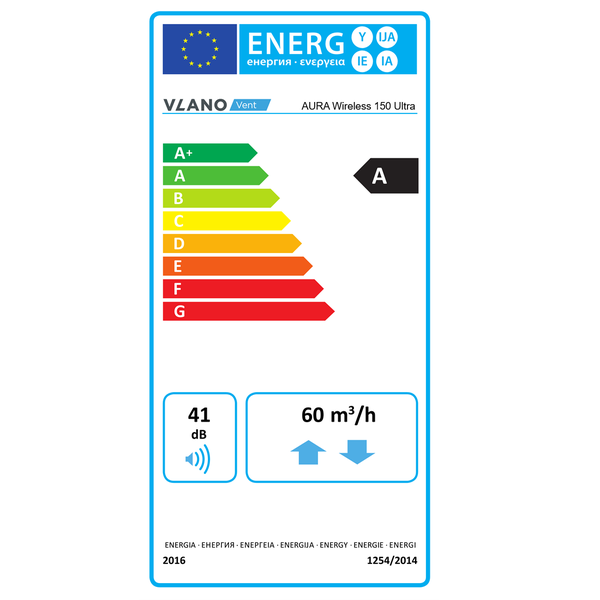 Energielabel für Vlano Vent AURA Wireless 150 Ultra mit Energieeffizienzklasse A, Geräuschemission 41 Dezibel und Luftfördermenge 60 Kubikmeter pro Stunde