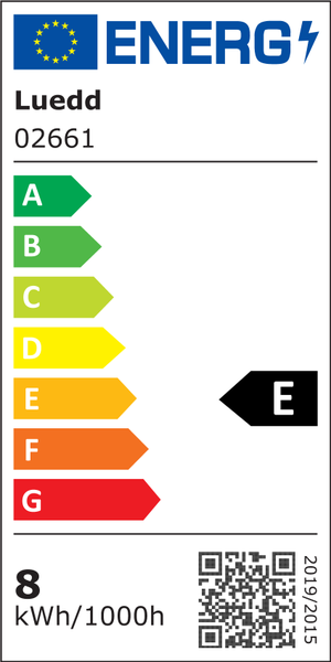 Europäisches Energielabel für Luedd Modell 02661, Energieeffizienzklasse E, Energieverbrauch 8 Kilowattstunden pro 1000 Stunden.