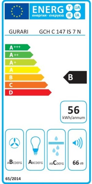 Energielabel Gurari Dunstabzugshaube GCH C 147 IS 7 N. Energieklasse B, Verbrauch 56 Kilowattstunden pro Jahr, Geräuschwert 66 Dezibel.
