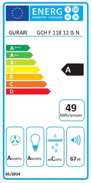EU Energieeffizienzlabel für Gurari Dunstabzugshaube GCH F 118 12 IS N mit Energieeffizienzklasse A und 49 Kilowattstunden pro Jahr Verbrauch.