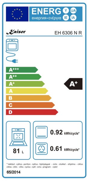 Kaiser Backofen EH 6306 N R EU Energieeffizienzlabel mit Klasse A plus, Nutzinhalt 81 Liter und Energieverbrauchswerten pro Zyklus.