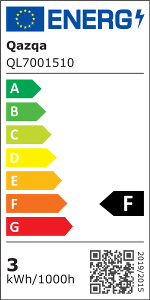 EU Energieeffizienzlabel der Marke Qazqa Modell QL7001510 mit der Energieeffizienzklasse F und einem Verbrauch von 3 Kilowattstunden pro 1000 Stunden