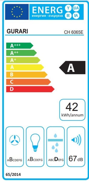 EU Energieeffizienzlabel für Gurari Dunstabzugshaube CH 6065E mit Energieeffizienzklasse A und 42 kWh pro Jahr.