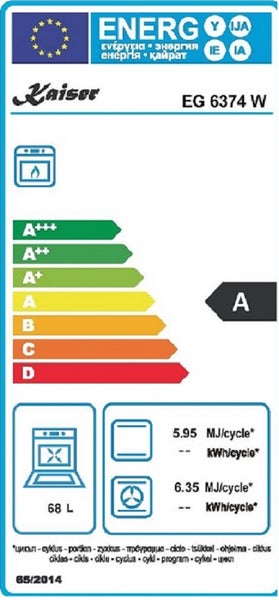 EU Energieeffizienzlabel für Kaiser Backofen EG 6374 W mit Energieeffizienzklasse A und 68 Liter Volumen