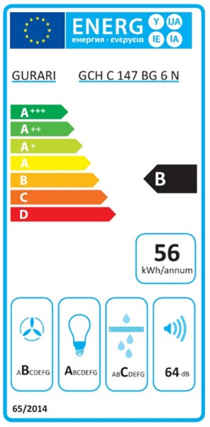EU Energieeffizienzlabel der Dunstabzugshaube Gurari GCH C 147 BG 6 N mit Energieeffizienzklasse B und jährlichem Verbrauch von 56 Kilowattstunden.