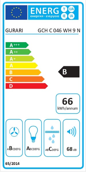 EU Energieeffizienzlabel für Gurari Dunstabzugshaube GCH C 046 WH 9 N mit Klasse B, 66 Kilowattstunden pro Jahr und 68 Dezibel.