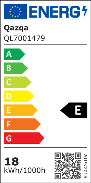 Energielabel der Europäischen Union für Qazqa QL7001479, Energieeffizienzklasse E, 18 Kilowattstunden pro 1000 Stunden.